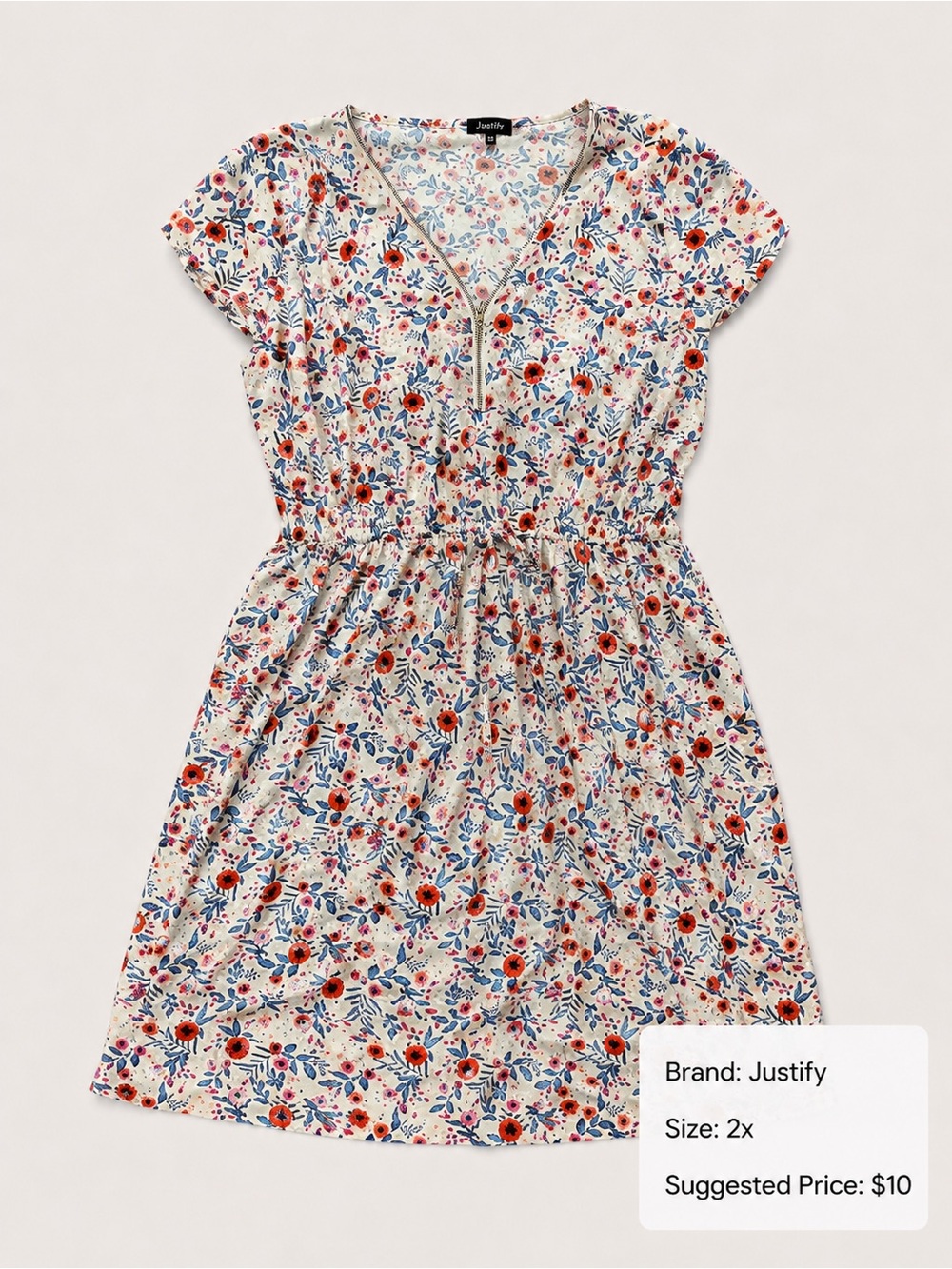 Justify Cream Floral Zip-Front Short Sleeve Dress